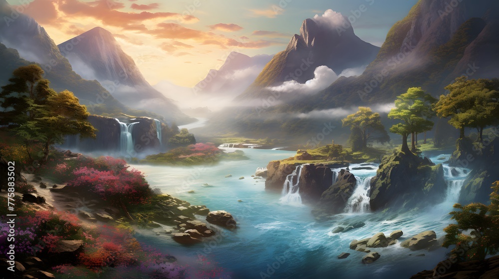 Digital painting of a beautiful mountain landscape with a river in the foreground