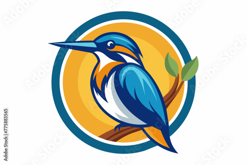 kingfisher sitting on a branch in a circle logo vector illustration