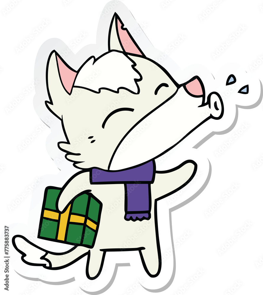 sticker of a howling wolf with christmas present sticker of a howling wolf with christmas present
