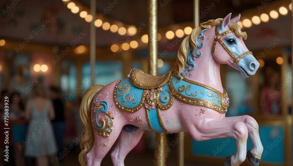  A vintage carousel horse, painted in pastel pinks, blues, and yellows, adorned with golden accents and sparkling gems Generative AI