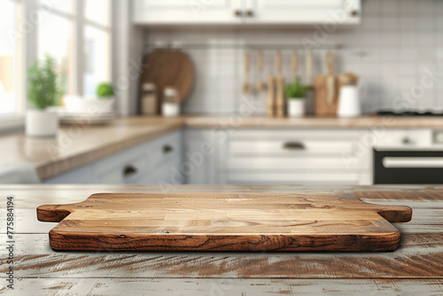 Empty chopping board and blurred background of a white kitchen