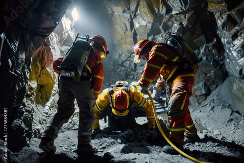Underground Mine Rescue Team Conducting a Training Exercise, With Responders Donning Protective Gear And Practicing Emergency Response Procedures, Generative AI
