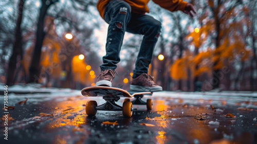 Color photo of skateboard, pro skateboarder. Close-up of skateboard with yellow wheels on sidewalk.  photo