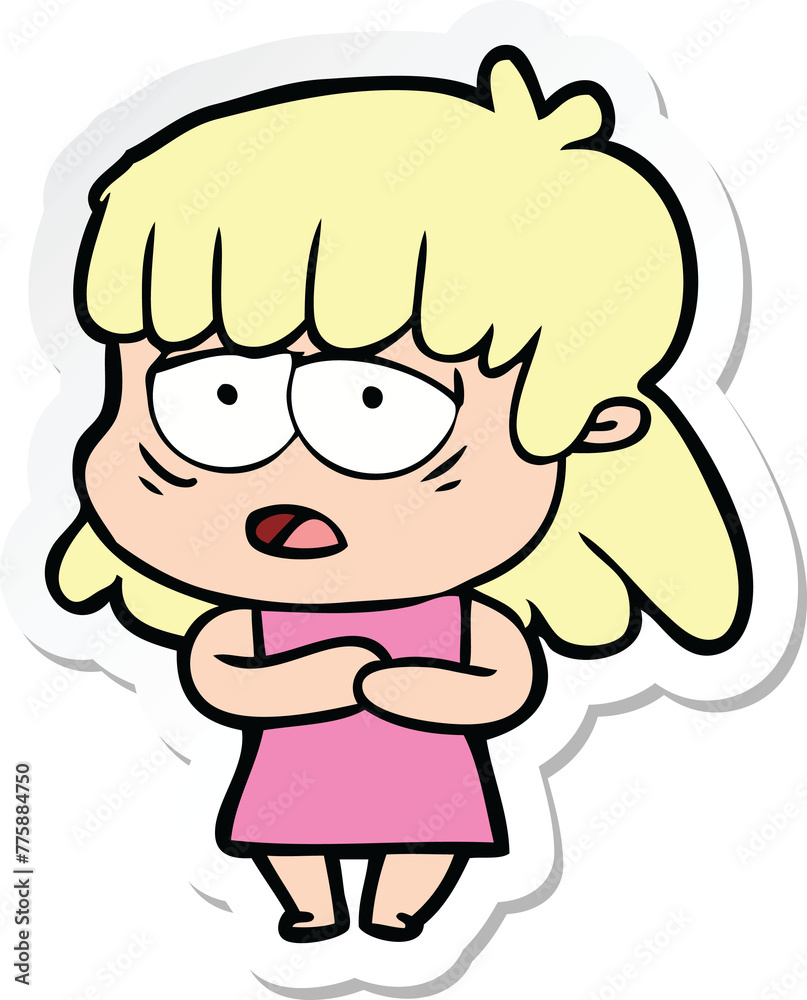 sticker of a cartoon tired woman sticker of a cartoon tired woman