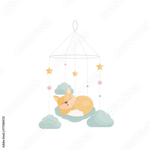 Cute baby Mobil with orange fox and clouds. Vector illustration