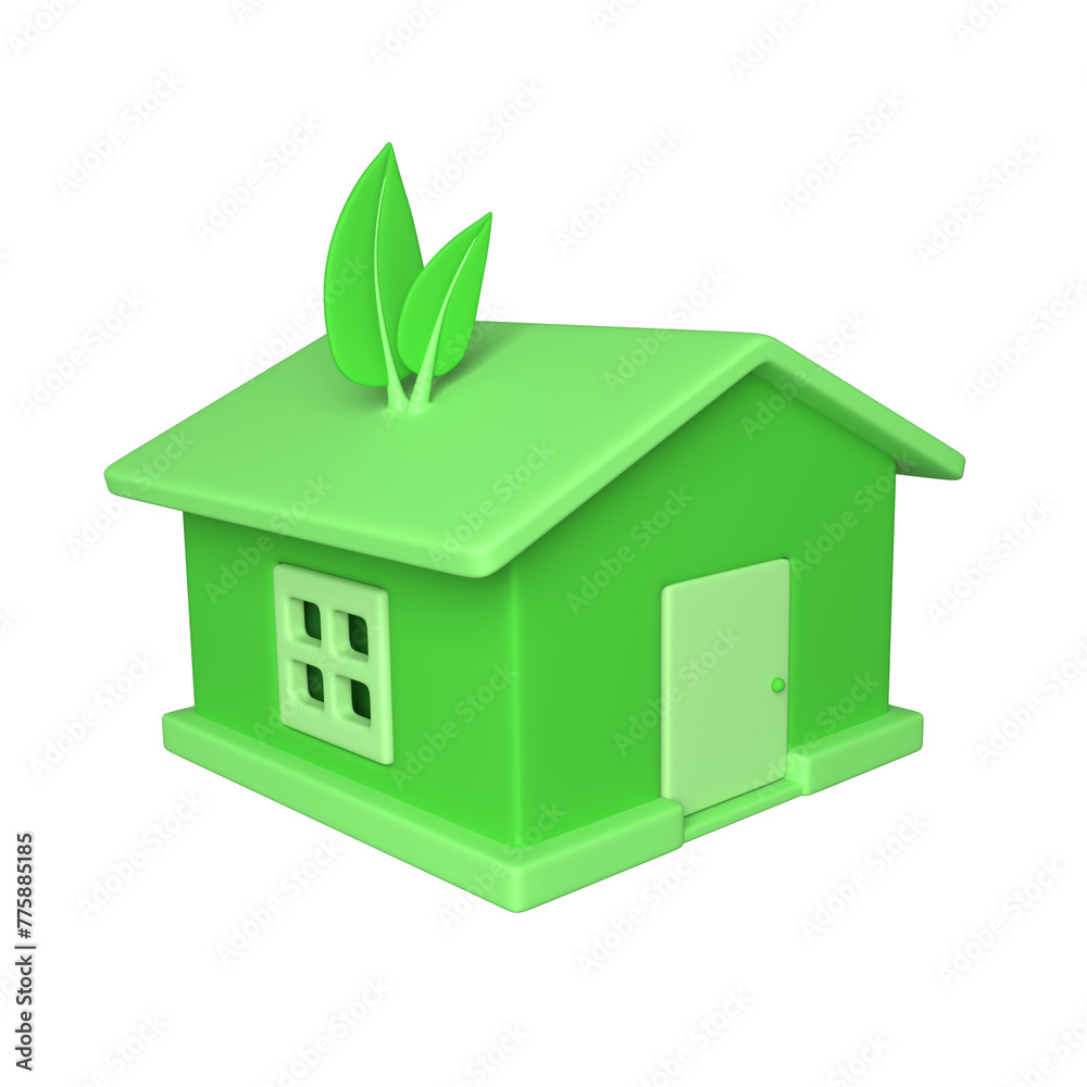 3d eco house with leaves. Render eco-friendly house for protect environment, save earth, green energy concept 3d eco house with leaves. Render eco-friendly house for protect environment, save earth, green energy concept
