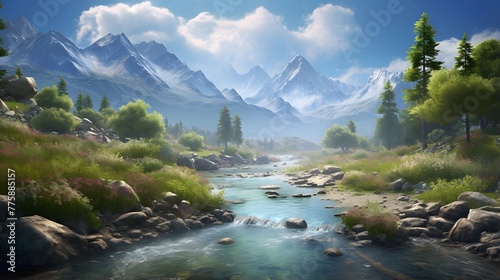 Beautiful panoramic landscape with mountain river and high snowy mountains