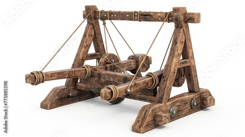 A detailed wooden model of a catapult, perfect for educational or historical projects