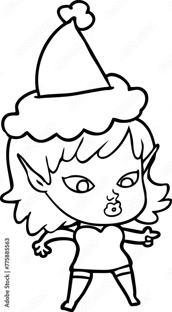 Fototapeta premium pretty hand drawn line drawing of a elf girl wearing santa hat