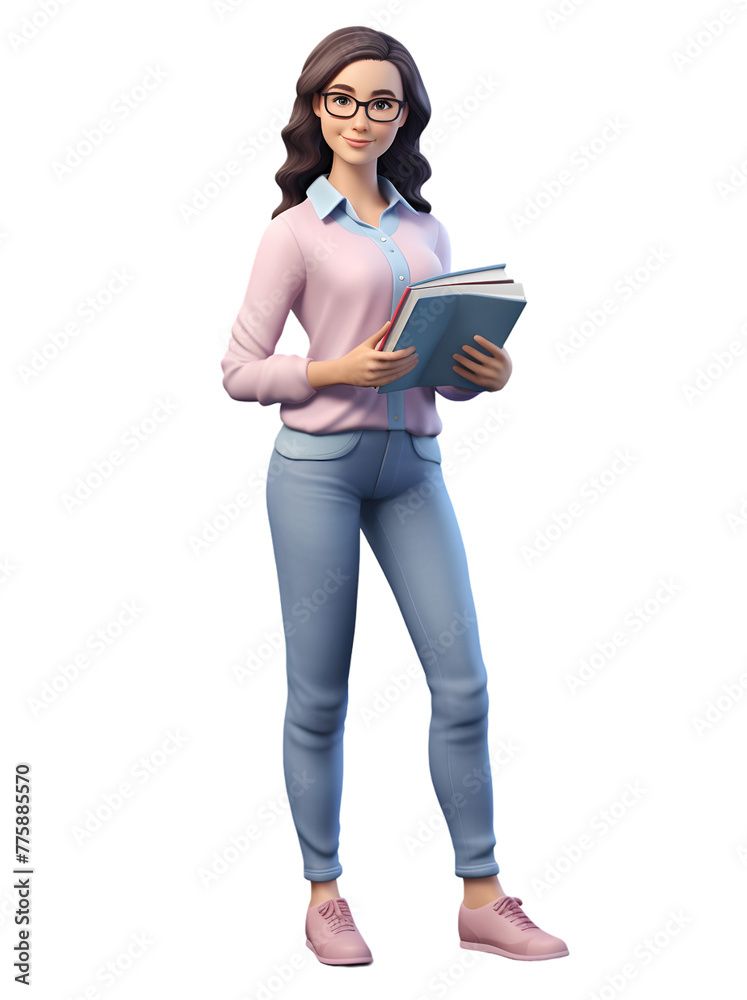 3D character woman teacher holding a book, pastel colored outfit, full body standing pose isolated on transparent background 3D character woman teacher holding a book, pastel colored outfit, full body standing pose isolated on transparent background