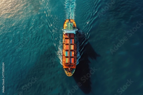 Aerial view of a container ship in the ocean. Suitable for transportation and logistics concepts