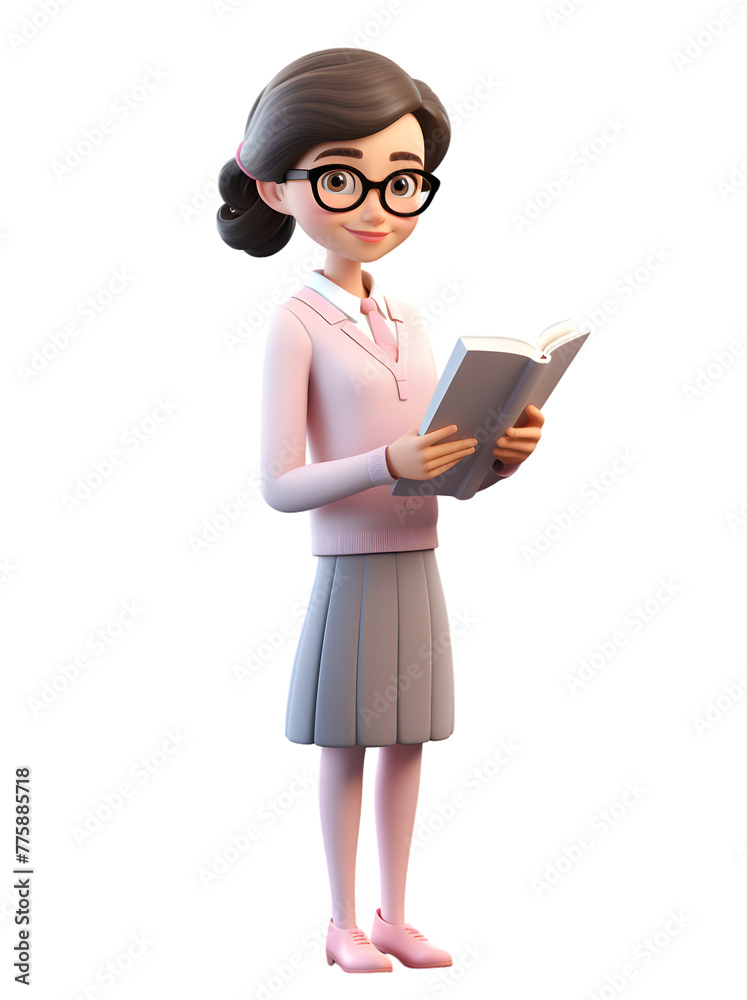 3D character woman teacher holding a book, pastel colored outfit, full body standing pose isolated on transparent background 3D character woman teacher holding a book, pastel colored outfit, full body standing pose isolated on transparent background
