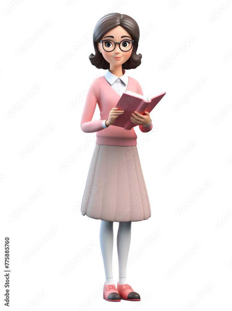3D character woman teacher holding a book, pastel colored outfit, full body standing pose isolated on transparent background 3D character woman teacher holding a book, pastel colored outfit, full body standing pose isolated on transparent background