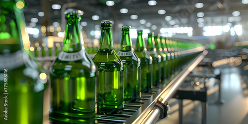 A View of Beer Factory Conveyor with Green Beer Bottles on Production Line Generative AI, Brewery Automation