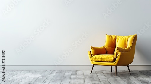Modern minimalist interior with an yellow armchair on empty white wall background