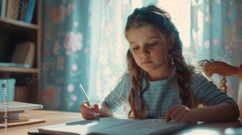 A young girl sitting at a table writing, suitable for educational or creative concepts