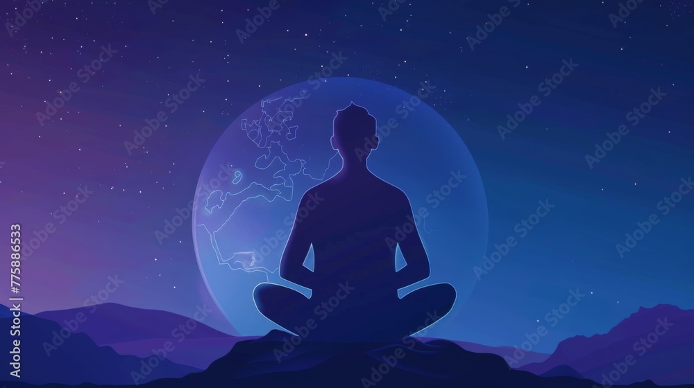 Person Sitting in Lotus Position in Front of Full Moon