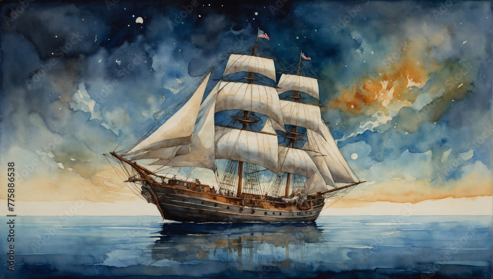 A gracefully sailing Mesmeric Whimsical Satellite Schooner, its sails billowing with fantastical patterns and colors that seem to dance in the wind. - obrazy, fototapety, plakaty 