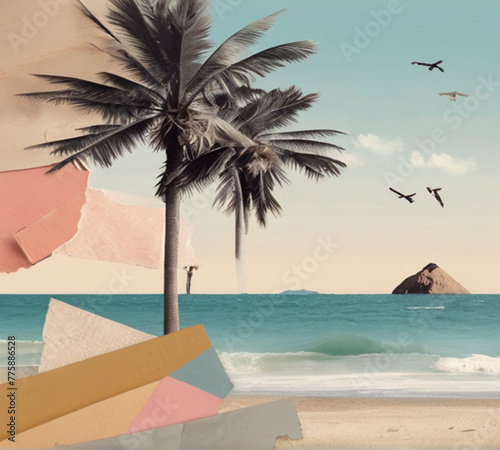 Abstract collage art composition ofsummer vacation elements, wallpaper modern art.	 photo