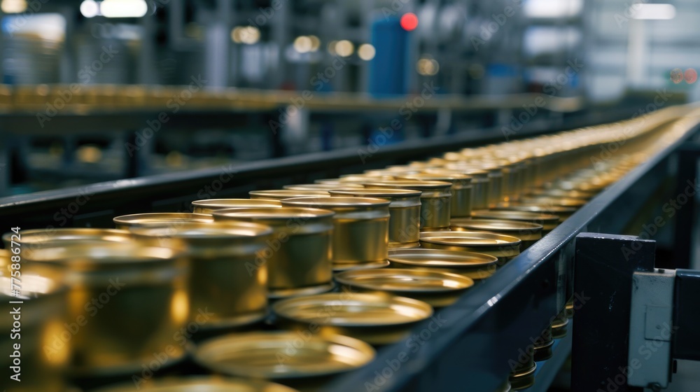 A conveyor belt filled with gold cans. Suitable for industrial concepts
