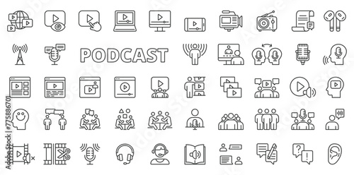 Podcast icons in line design. Streaming, interviews, broadcasting, microphone, podcaster, broadcasts, talk, guests, podcasting isolated on white background vector. Podcast editable stroke icons