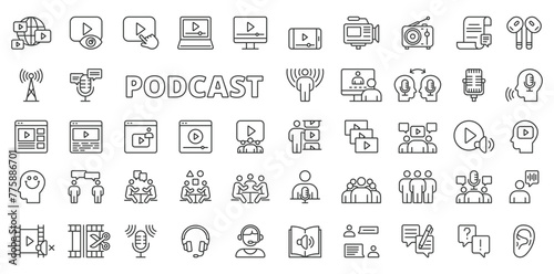 Podcast icons in line design. Streaming, interviews, broadcasting, microphone, podcaster, broadcasts, talk, guests, podcasting isolated on white background vector. Podcast editable stroke icons