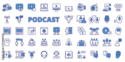 Podcast icons in line design, blue. Streaming, interviews, broadcasting, microphone, podcaster, broadcasts, talk, guests, podcasting isolated on white background vector. Podcast editable stroke icons