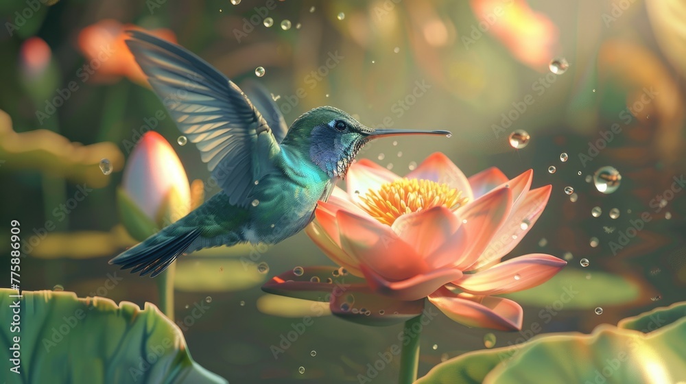Fototapeta premium A beautiful hummingbird flying over a blooming pink water lily. Ideal for nature and wildlife concepts
