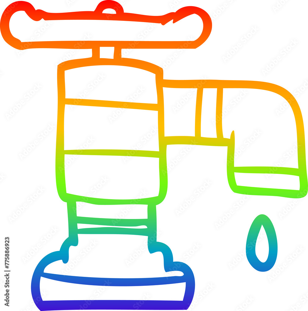 rainbow gradient line drawing of a cartoon dripping faucet