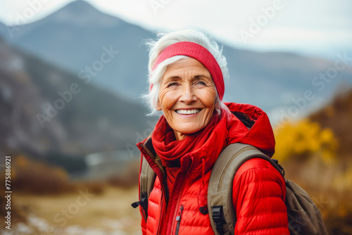 Cheerful old lady, like an elderly woman enjoying outdoor activities, close-up