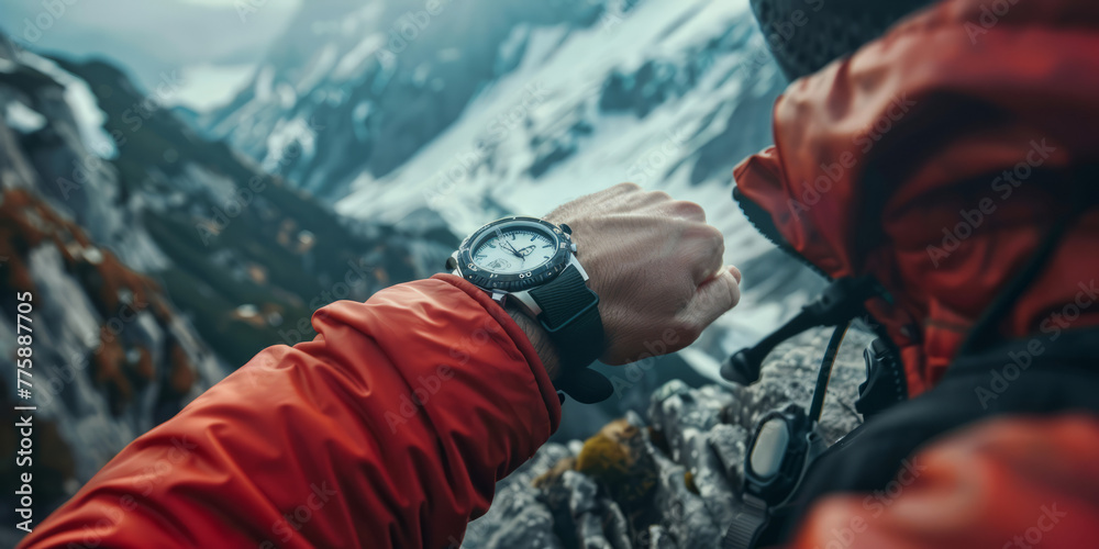 A luxurious wristwatch is demonstrated on the wrist of a climber with snowy alpine peaks in the background, emphasizing the concept of time in nature
