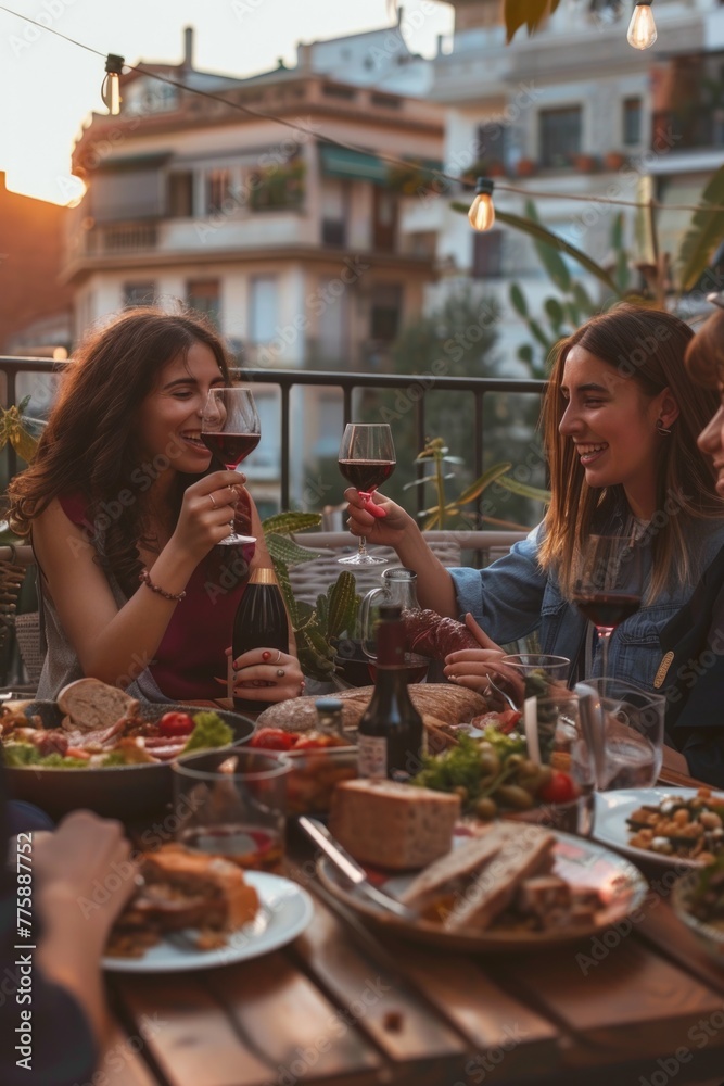 A group of people sitting at a table with food and drinks. Perfect for restaurant or social gathering concepts