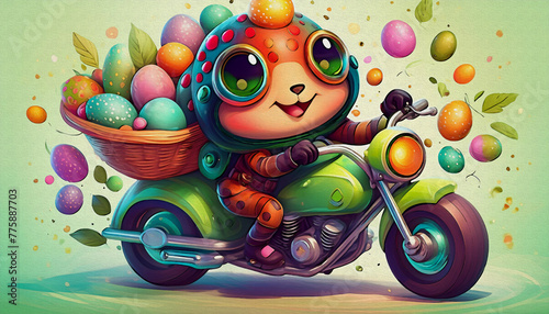 Oil painting style CARTOON CHARACTER CUTE baby ladybug ride Stylish green cross motorcycle, toy, cartoon, fun, 