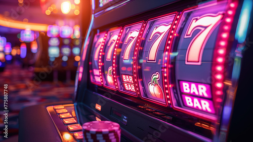 Neon-Lit Slot Machine in Casino photo