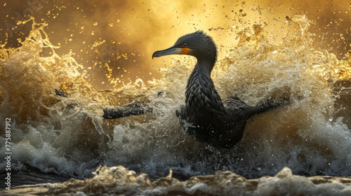 A splash of water creates a dynamic explosion from a diving seabird, capturing the wild beauty and energy of avian life in its natural aquatic habitat