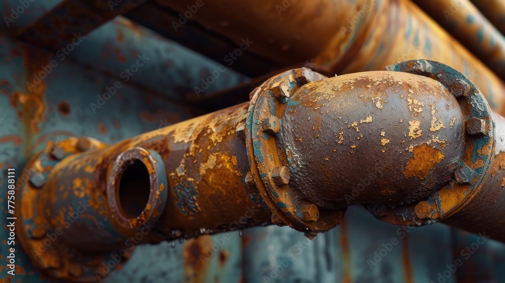 An old, rusted pipe on the side of a building. Suitable for industrial concepts An old, rusted pipe on the side of a building. Suitable for industrial concepts