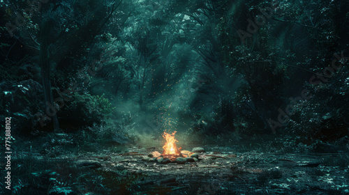 Fantasy Scene  A mystical campfire scene in an enchanted forest setting