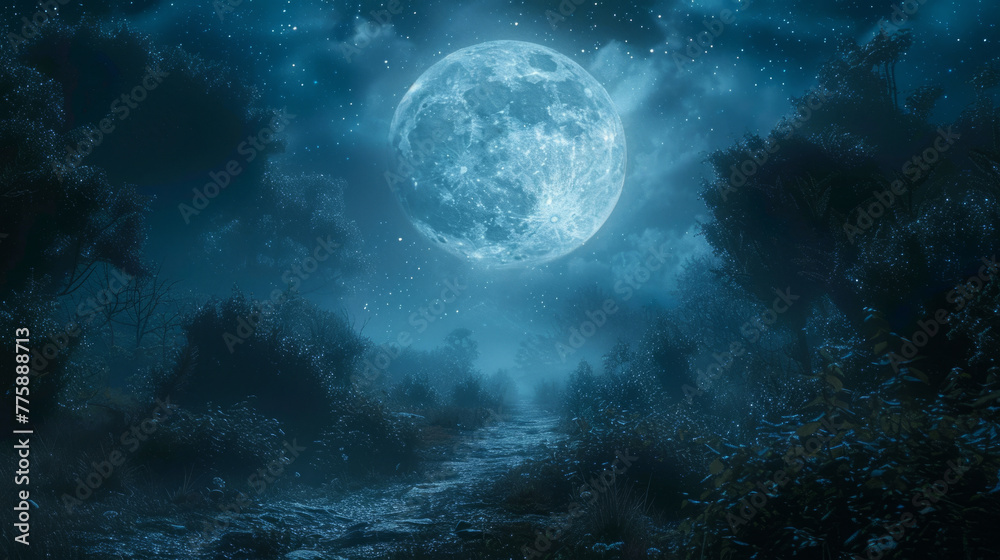 Night Landscape, A serene night scene with a full moon illuminating a forest path.