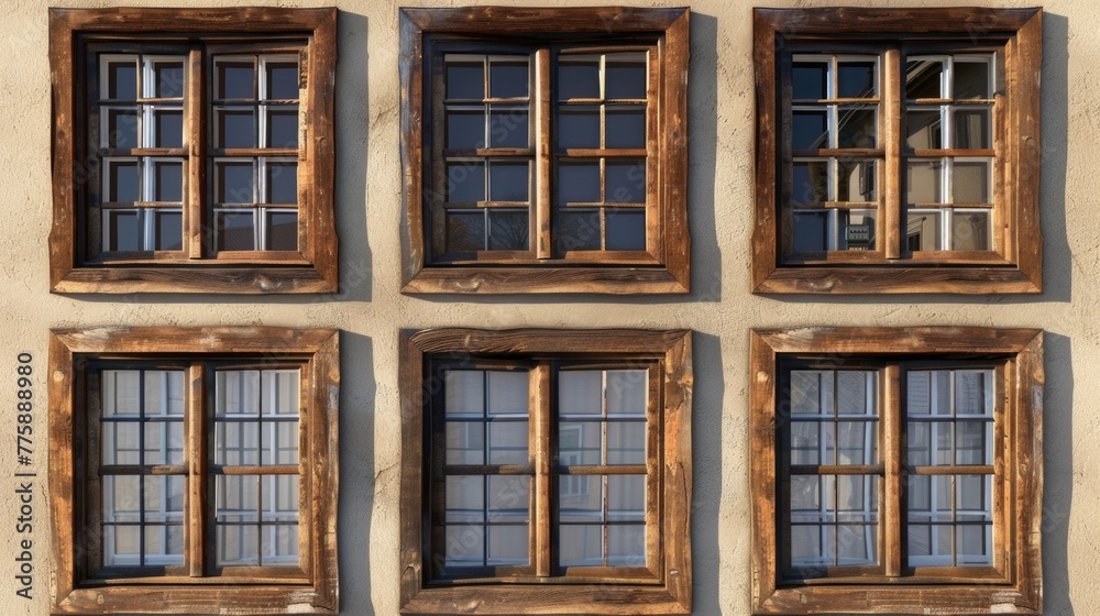 Four wooden windows on a stucco wall, suitable for architectural projects