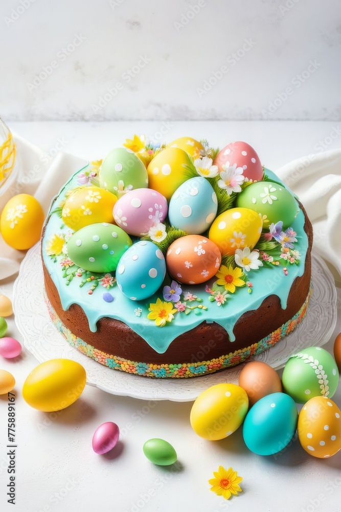 Easter cake or sweet bread decorated with white icing, red coloured Paschal eggs dyed, spring flowers, table and window background. Easter holiday decorations and symbols: bird and bunny. Easter cake or sweet bread decorated with white icing, red coloured Paschal eggs dyed, spring flowers, table and window background. Easter holiday decorations and symbols: bird and bunny.