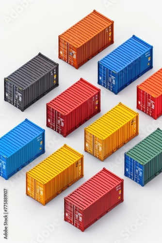 A group of colorful shipping containers on a white surface. Suitable for industrial, transportation, and logistics concepts