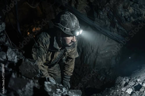 Miners Descending Into The Depths of a Coal Mine, Their Headlamps Illuminating The Darkness, Capturing The Gritty Reality of Underground Mining, Generative AI