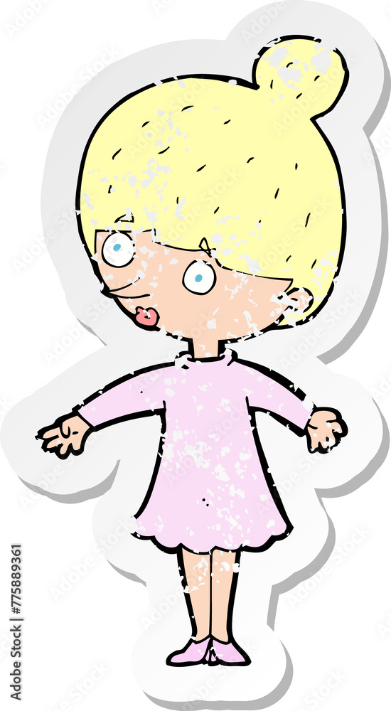 retro distressed sticker of a cartoon surprised woman retro distressed sticker of a cartoon surprised woman