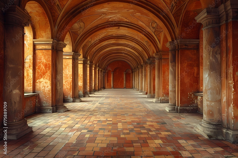 The image shows a long hallway with arched doorways and a tiled floor. The hallway appears to be made of brick and has a vaulted ceiling. In the distance, a large window with stained glass can be seen