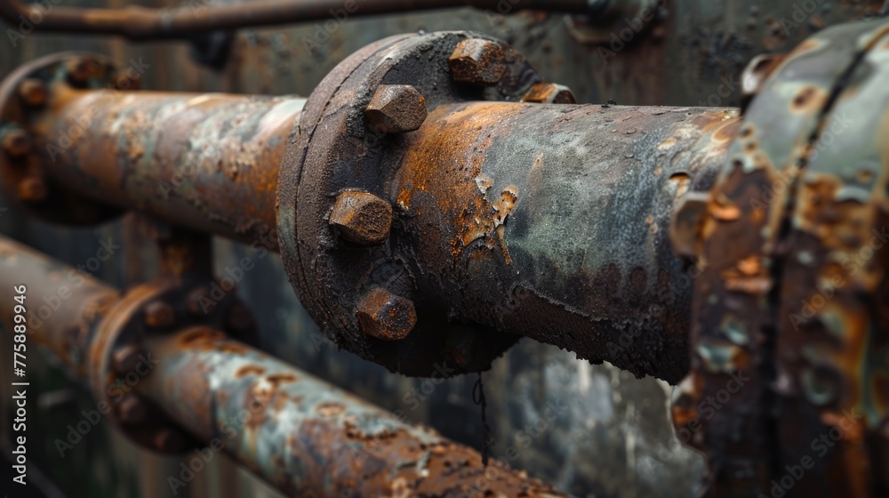 A rusty pipe attached to a building wall. Suitable for industrial concepts