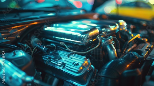 Detailed view of a car engine, ideal for automotive industry