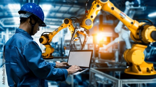 An engineer operates robotic arms using a laptop in an industrial factory, Robotics, Engineering, Technology concept
