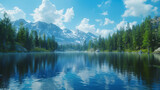 Nature Landscape, A tranquil lakeside forest mirroring the clear blue sky.