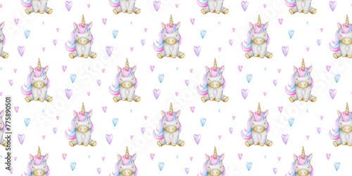 Print of cute little unicorns and hearts. Background of baby ponies. Watercolor hand drawn seamless pattern for children's rooms, goods, clothes, postcards, baby shower and nursery, fabric
