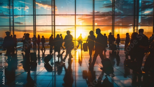 Silhouetted people at airport during sunset - Dynamic image capturing silhouettes of people in an airport terminal with a warm sunset outside